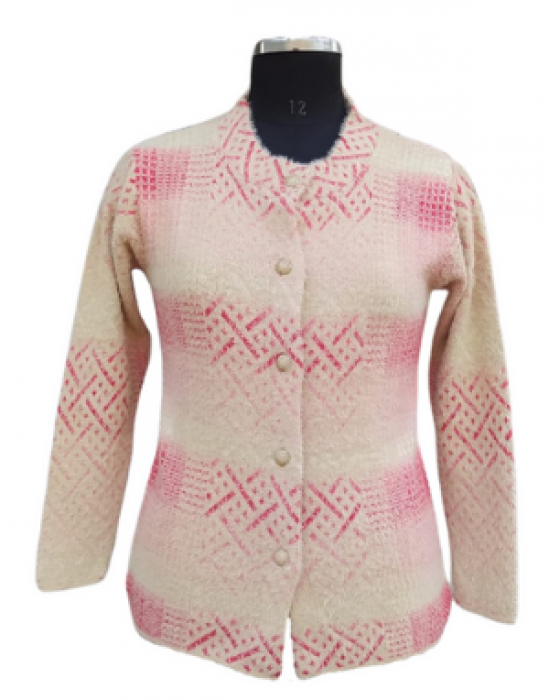 Women Cardigan Cream Self design with Round neck